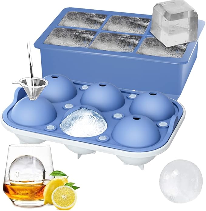 ROTTAY Ice Cube Trays (Set of 2), Sphere Ice Ball Maker with Lid & Large Square Ice Cube Maker for Whiskey, Cocktails and Homemade, Keep Drinks Chilled Black