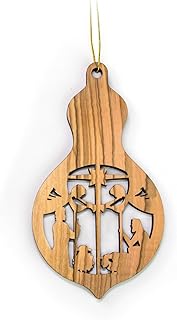 Olive Wood Ornaments from The Holy Land - 2D Bulb Wooden Nativity Ornament, Shepherds & Angels - 2”x4” Christian Christmas Ornaments for Tree Decorations & Seasonal Decor