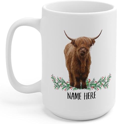 Lovesout Divertida vaca escocesa de las tierras altas escocesas con nombre personalizado, regalo de Navidad, regalos de Navidad, taza de café blanca