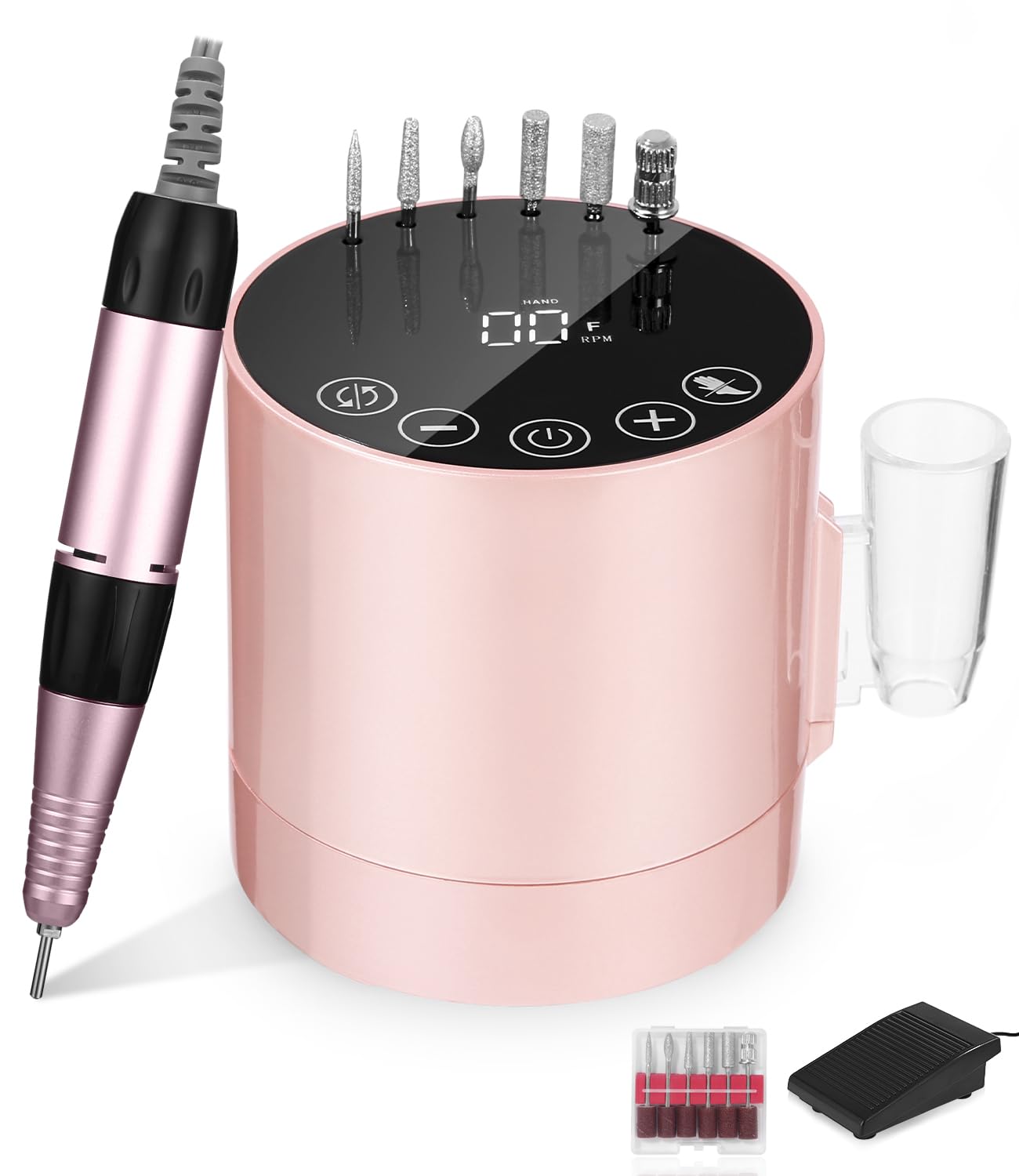 Torno para Uñas 35000 RPM, Lima de Uñas Profesionales, Set de Manicura y Pedicura con Pedal y 6 Brocas, Torno Uñas, Lima Electrica Uñas, Rosa