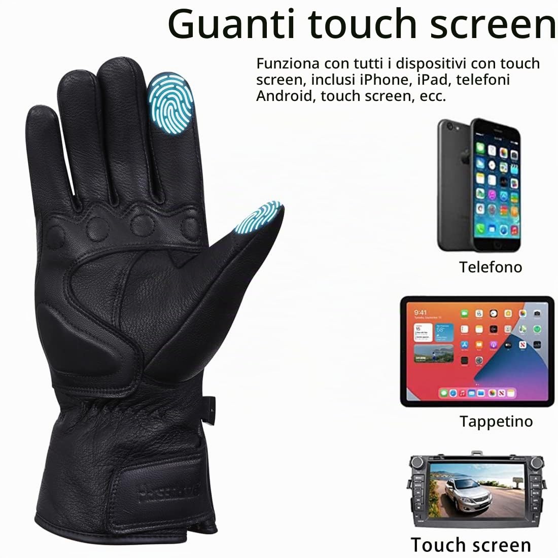 Harssidanzar Guanti del motociclo per l'inverno,Uomo Genuine Pelle Full Finger TouchScreen Termico Foderato Con Moto Impermeabili Guanti di Equitazione Moto KM048EU1