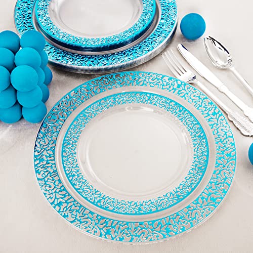 Luoda 30 Guests Blue Plastic Plates With Disposable Silverware, Clear Blue Party & Wedding Dinnerware Include 30 Dinner Plates, 30 Dessert Plates, 30 Silver Cutlery For Any Occasion #TOP1