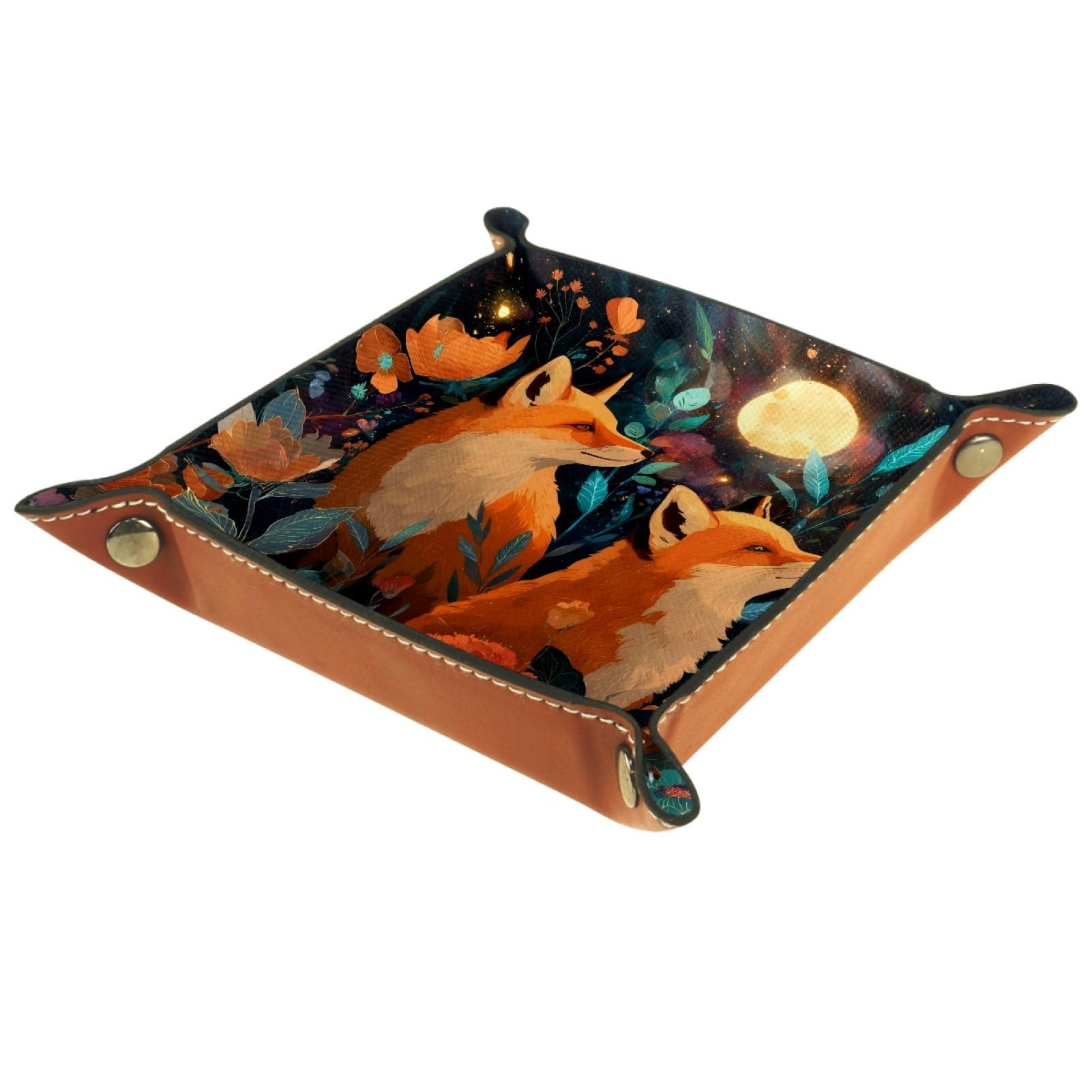 VAPOKF Fox Moon Dice Trays Quadrilateral Dice Folding Tray Microfiber Leather Holder for Table Games RPG DND, 20.5 × 20.5 cm