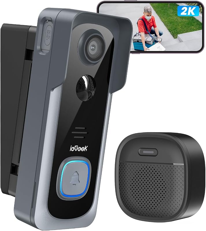 Wireless Doorbell Camera No Subscription with Adjustable Angle Mount, 2K Smart Video Doorbell with Indoor Chime, Motion Detection, Real-time Alert, 2-Way Talk Voice Changer, Only 2.4GHz WiFi