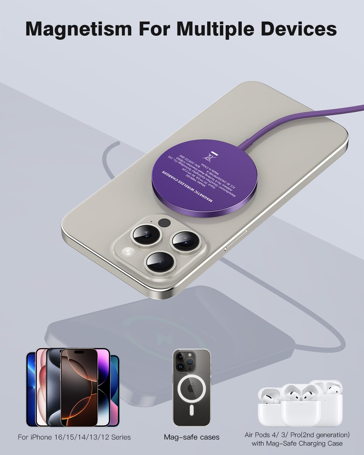 Caricatore Wireless Magnetico, Caricabatterie Mag-Safe per iPhone 16 Pro Max Plus, Caricatore Senza Fili Portatile Wireless Ricarica per iPhone 15 Pro Max/15 Plus/15 Pro/15/14 13 12 serie