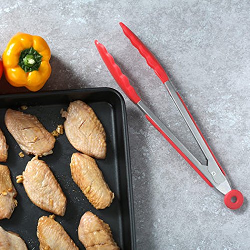 Set Of 3 Stainless Steel Food Tongs With Silicone Tips, Cnymany 3 Types 8" 10" 13" Heavy Duty Non-Stick Clamp Clip For Kitchen Bbq Cooking Grilling Buffet Noodles Salad Steak - Red #TOP2