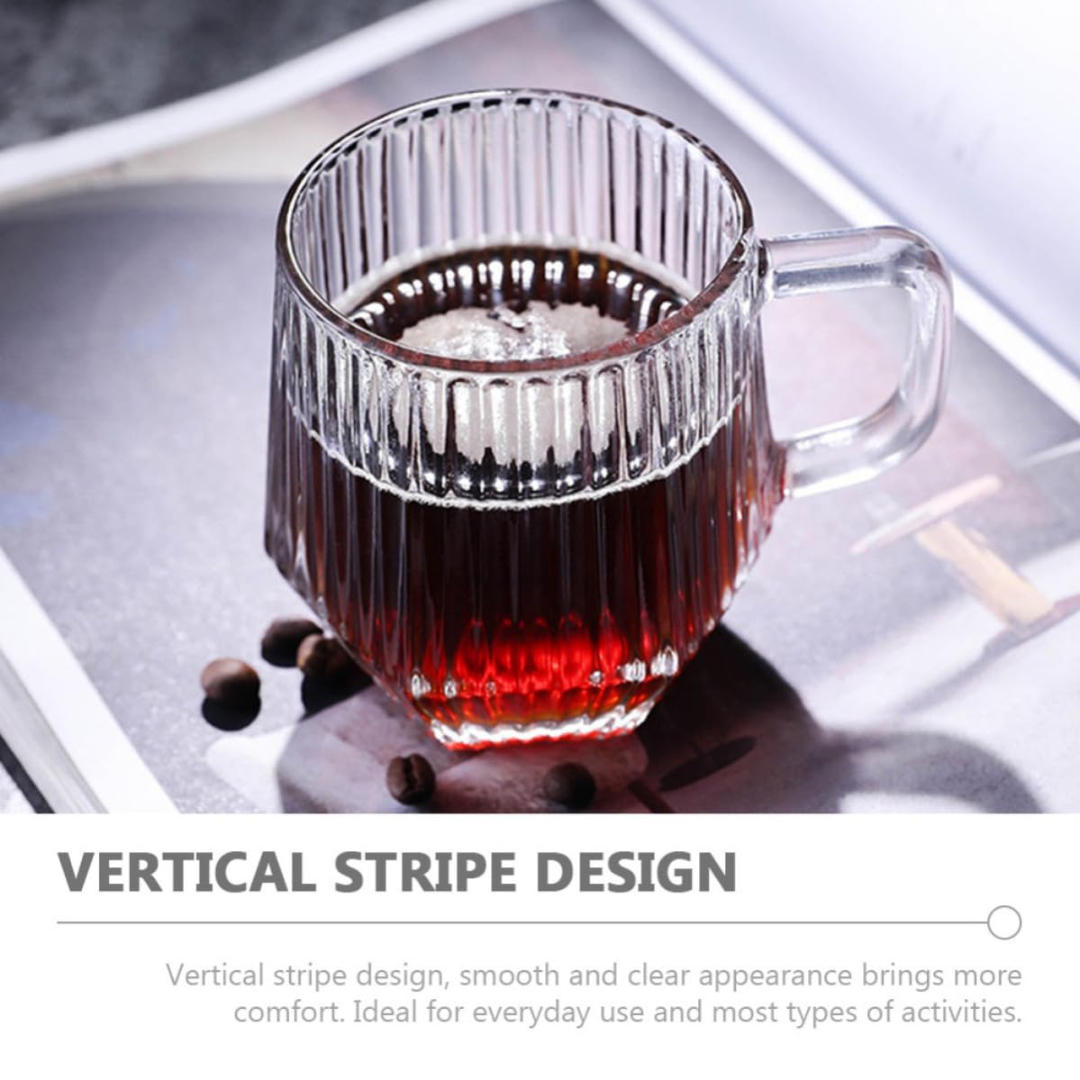 POPETPOP Set da 6 Tazze da Caffè in Vetro con Manico, Design Classico a Strisce Verticali, Facili da Pulire, per Bevande Calde in Casa