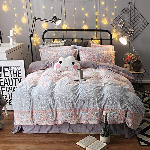 Parure de lit avec housse de couette en flanelle,2020 nouveau 5d velours sculpté ensemble quatre pièces automne et hiver chaud flanelle lait velours quatre pièces literie-bleu fleur_plein