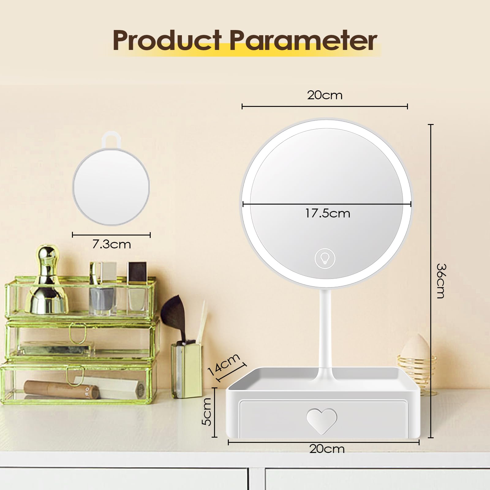 Cuteefun Miroir sur Pied Maquillage, Miroir Grossissant 5X avec Tiroir, 3 Couleurs de Lumière, Luminosité Réglable, Rechargeable par USB, Idéal pour Chambre à Coucher, Coiffeuse, Salle de Bain, Blanc