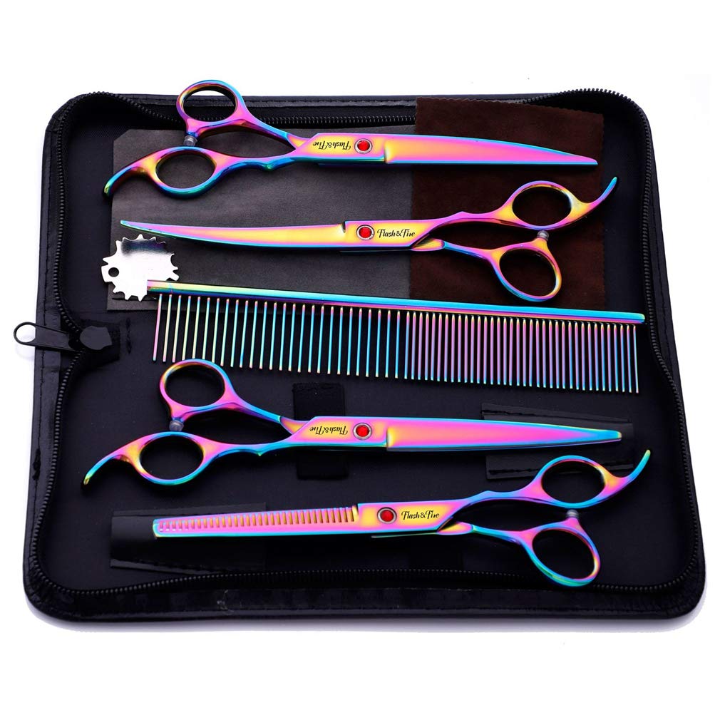 Juego de tijeras para el cuidado de mascotas de 7,0 pulgadas, 5 piezas, tijeras profesionales de peluquería, kit de herramientas para cortar el cabello con peine para salón, barbería, uso domésti