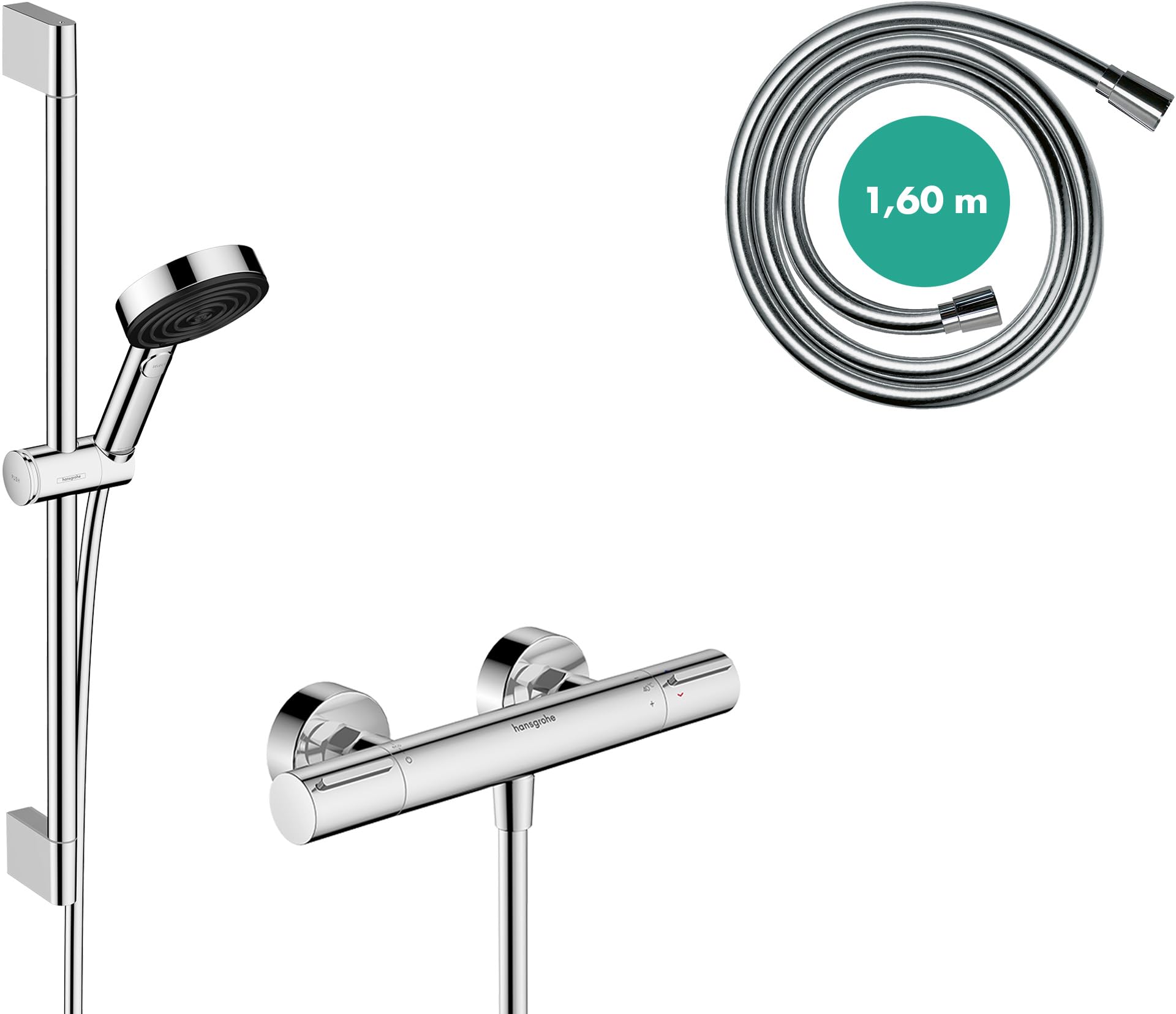 hansgrohe Pulsify Select S - Set doccia con termostatico Ecostat Element, doccetta a risparmio idrico (EcoSmart, 105 mm, 3 getti), tubo flessibile e asta doccia (0,65 m), cromo, 24272000