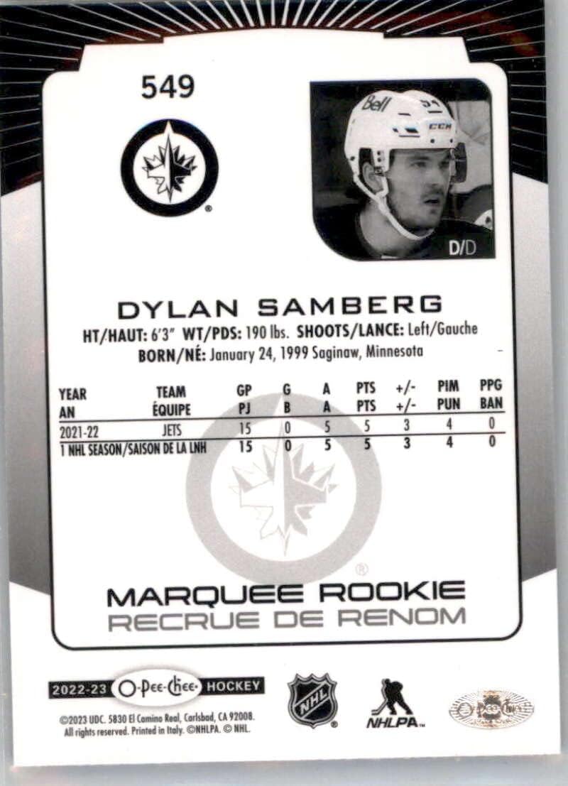 2022-23 O-Pee-Chee Rainbow Black Foilboard #549 Dylan Samberg RC Rookie Card SER/100 Winnipeg Jets Official NHL Hockey Card in Raw (NM or Better) Condition
