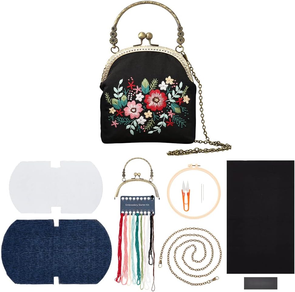 WADORN DIY Embroidery Handbag Making Kit, Kiss Clasp Embroidery Purse Making Kits Flower Pattern Handmade Cross Stitch Needlepoint Kit Vintage Clutch Sewing All Accessories, 21x4x16.5cm