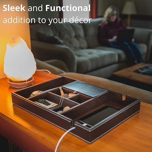 Miniatura 6 de ULTRAY Organizador de mesita de noche, bandeja de valet para hombres y mujeres, bandeja EDC, cómoda de piel sintética, color marrón oscuro, 6