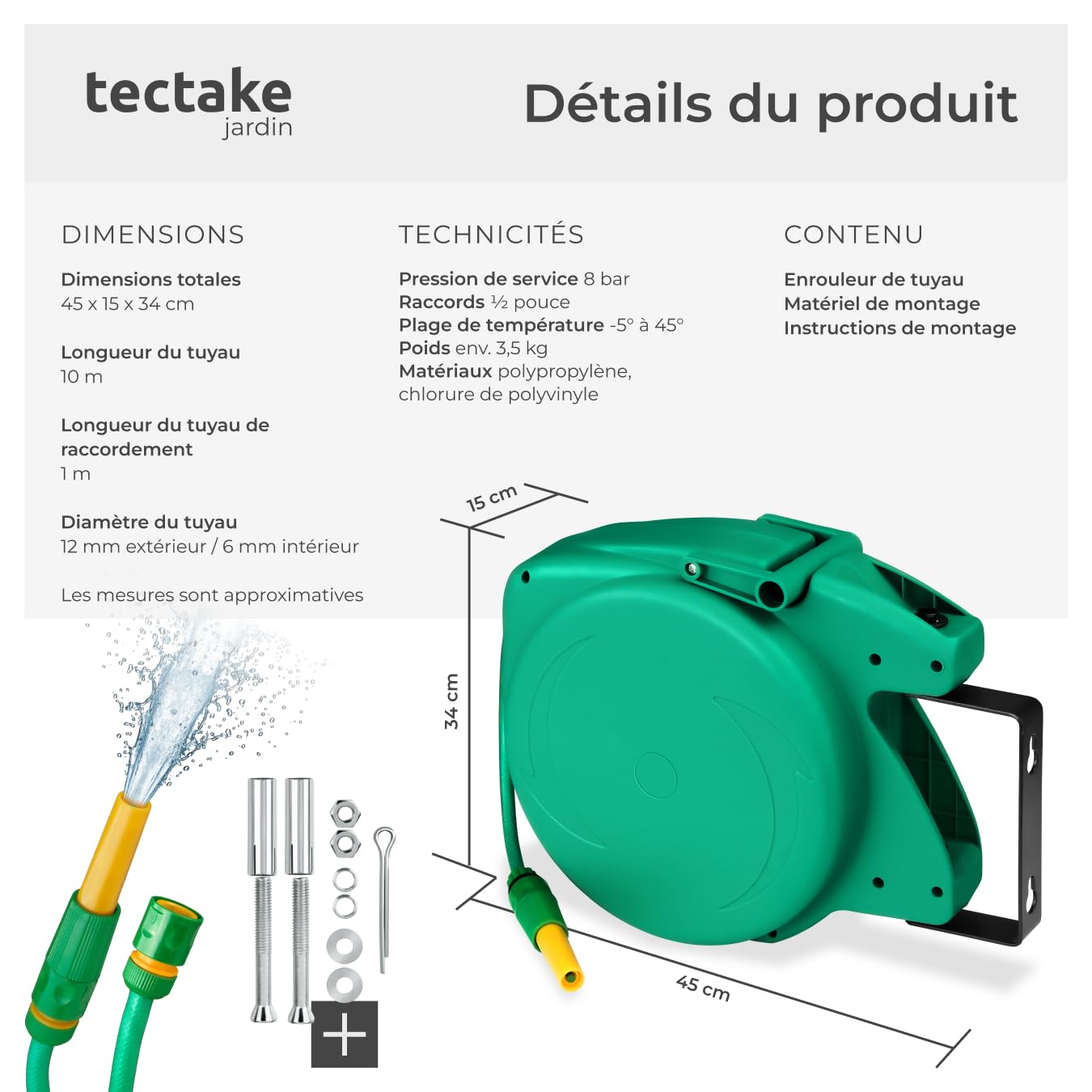 tectake® Enrouleur tuyau arrosage Dévidoir mural Enroulage automatique régulier avec guidage Tuyau arrosage 10m et Lance à eau inclus, Support mural pivotant à 180°, Dévidoir Jardin Jardinage Terrasse