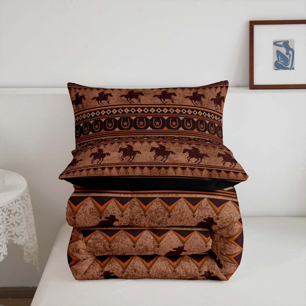 Feelyou Western Decor - Juego de edredón tamaño matrimonial con diseño de caballo, juego de ropa de cama azteca nativo del suroeste, juego de ropa de cama retro, exótico, bohemio, decoración de