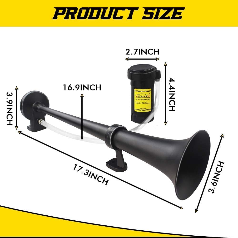 GAMPRO 12V 150DB Car Air Horns, 18 Inches Chrome Zinc Single Trumpet Truck Air Horn with Compressor for Any 12V Vehicles Trucks Lorrys Trains Boats Cars (BLACK)