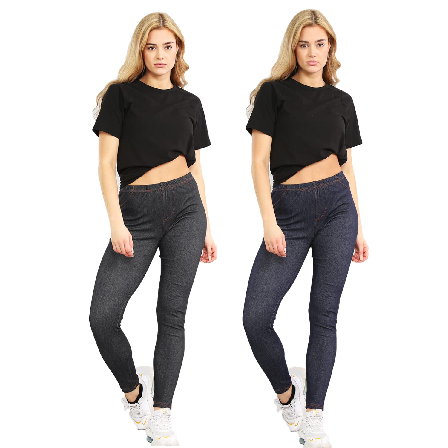 GenericLadies Pack of 2 Stretchy Denim Look Skinny Jeggings Leggings Plus Size 8 10 12 14 16 18 20 22 24 26 UK