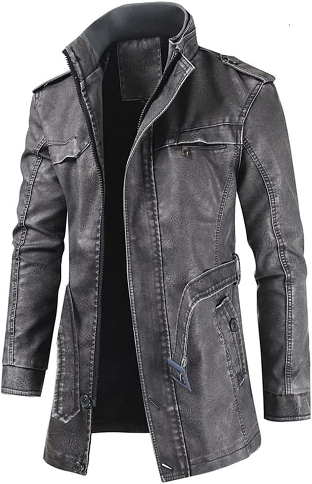 Men Winter Long Thick Fleece Leather Parkas, Outfit Warm Casual Vintage Faux Leather Jacket Coat