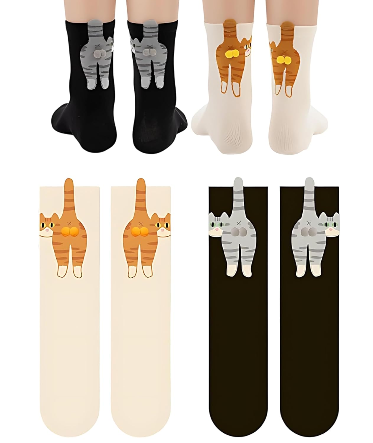 2Pcs Cat Socks With Balls, Cute Socks, Funky Socks 2-Pair Mid-Calf Set For Women Cute Cotton Funny with 3D Plush Balls