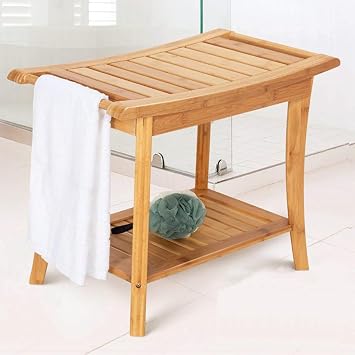 Bamboo Spa Bath Shower Stool,Shower Bench with Storage Shelf, Shower Bath Seats for Adults Seniors Women Elderly Tileable