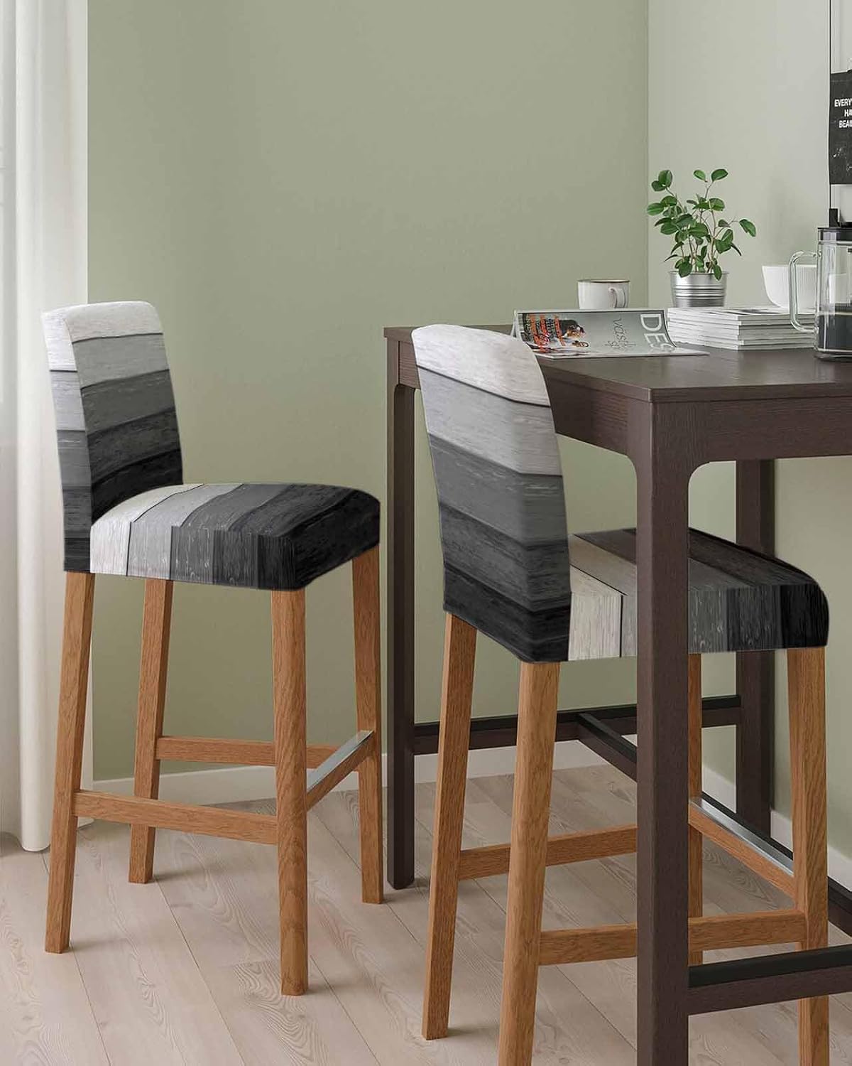 Bar Chair Stool Covers Set of 4, Grey Ombre Wooden Stretch Washable Removable Bar High Chair Cover, Farmhouse Retro Wood Texture Elastic Bar Chair Protector for Kitchen/Restaurant