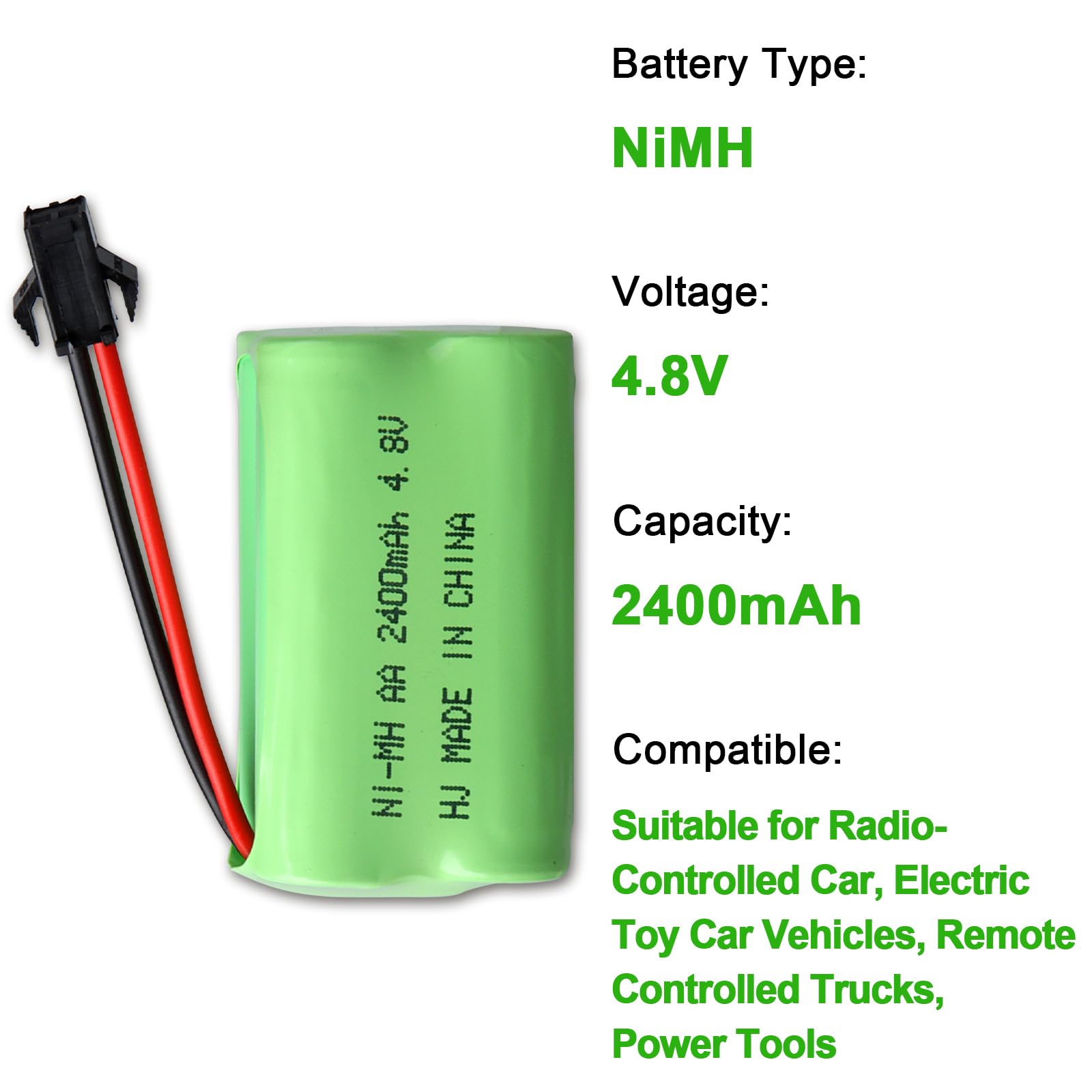 4,8 V 2400 mAh NiMH zestaw akumulatorów, wtyczka SM-2P z kablem do ładowania USB, nadaje się do zdalnie sterowanych samochodów zabawkowych, wózków, łodzi, helikopterów, samolotów, broni Airsoft
