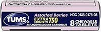 Vista 1 de Tums Extra Strength 750 Antiácidos con suplemento de calcio con sabor a bayas variadas ricas en calcio, 24 rollos de tamaño de bolsillo de 8