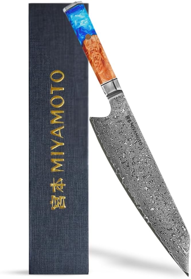 Miyamoto 8-Inch Japanese Damascus Chef Knife, 67-Layer Steel, Ultra-Sharp High Carbon Blade with Resin Handle for Precision Chopping and Carving