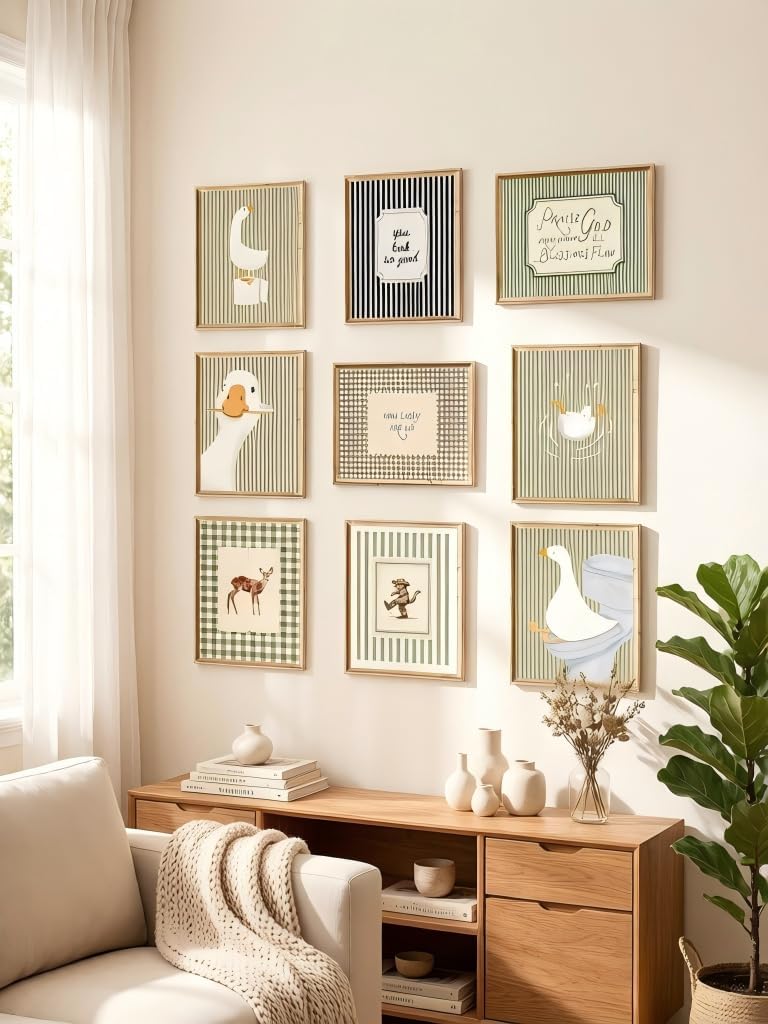 RYZopmuy Vintage Goose Bathroom Wall Art Prints, Sage Green Gingham, Set of 9, Unframed, 8x10 Inch living room, bedroom, bathroom Decor