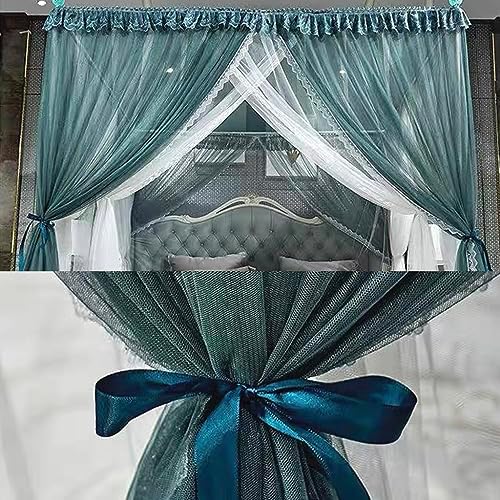 4 Corners Post Princess Mosquito Net Curtains Bed Canopy for Girls Curtain- Double Layer Sheer Mesh Canopies Drapes Girls Room Decor (Dark Green, Full)