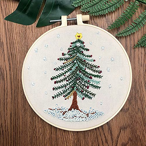 Christmas Embroidery Kit for Beginners Cross Stitch Kits DIY Stamped Embroidery Starters Set with Pattern Instructions Embroidery Hoop and Color Threads for Adults Kids Wall(Christmas Tree Snowflake)