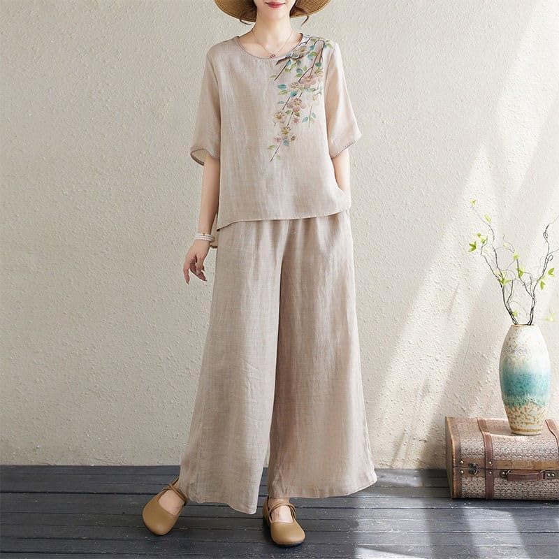 Women Printed Cotton Linen Two Piece Set Pullover Top Pants Casual Outfit