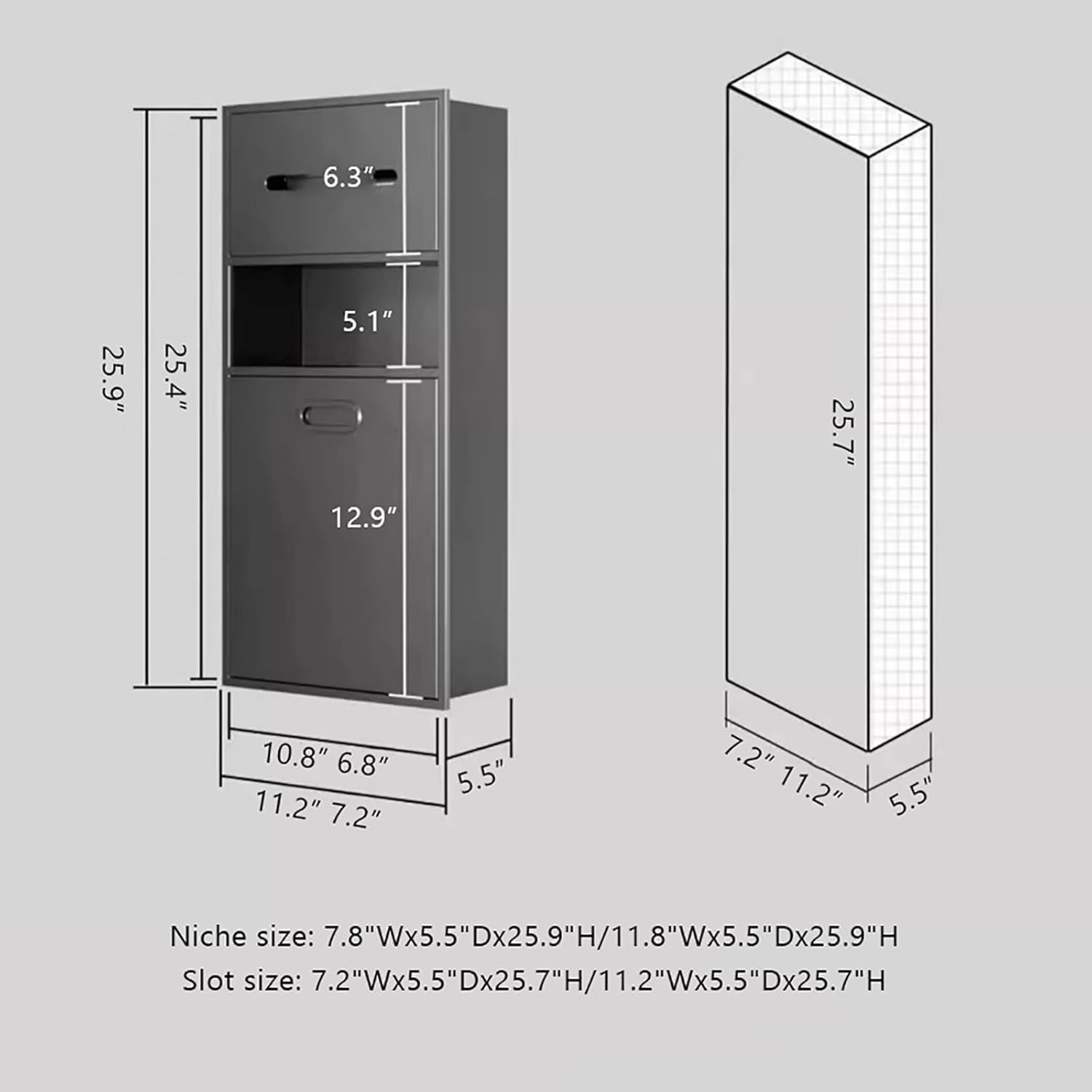 304 Stainless Steel Shower Niche with Wall-Mounted Toilet Paper Holder & Shelf, Recessed Storage Cabinet & Tipping Bucket Trash Can for Bathroom (7.8" Wx5.5 Dx25.9 H, Black)