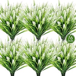 AmberFun 16PCS Artificial Flowers Outdoor, Fake White Monkey Grass Plants | UV Resistant, Plastic, Planter Filler for Hanging Baskets, Window Boxes & Planters, Porch, Patio Outdoor Decor