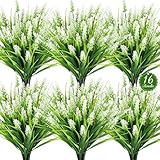AmberFun 16 Bundles Artificial Plants Outdoor, UV Resistant Fake Lavender & Monkey Grass, Realistic Plastic Faux Plants for Balcony, Patio, Porch Greenery Decor, Planter Filler(White)