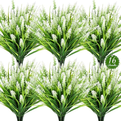 AmberFun 16 Bundles Artificial Plants Outdoor, UV Resistant Fake Lavender & Monkey Grass, Realistic Plastic Faux Plants for Balcony, Patio, Porch Greenery Decor, Planter Filler(White)