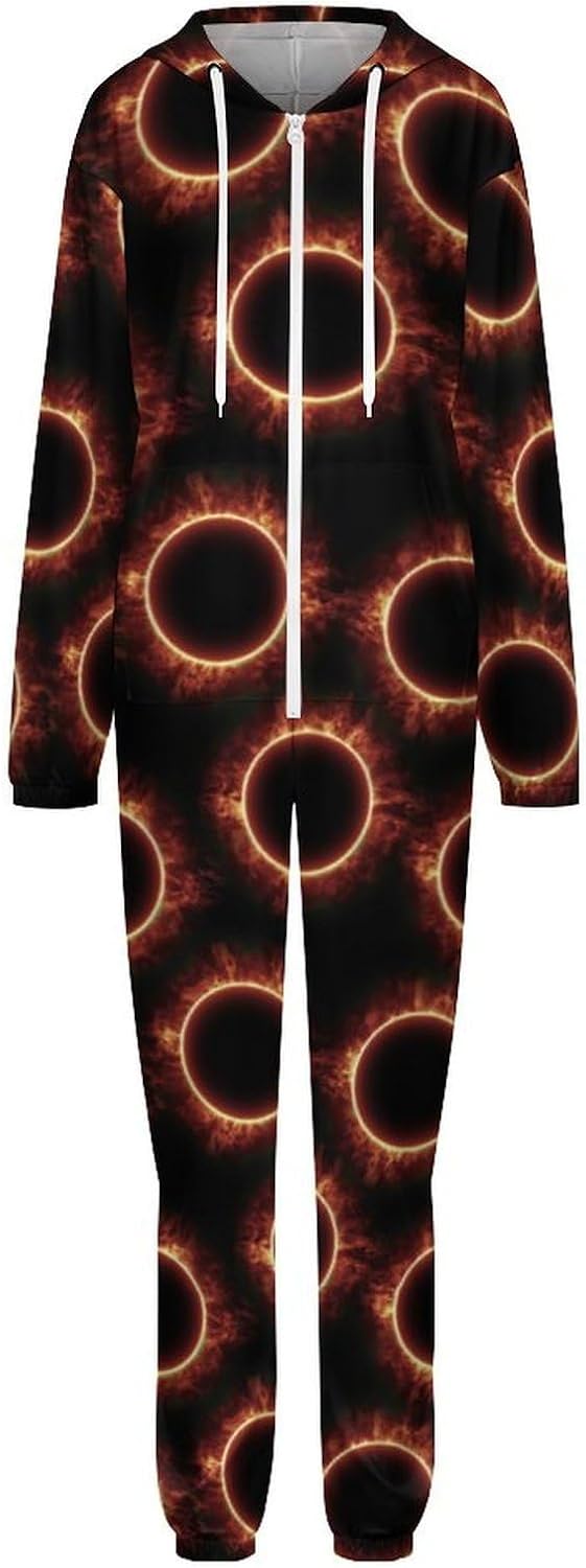 Amazing Solar Eclipse Pattern Adult Pajamas Onesie with Hood Pocket Jumpsuits One Piece Sleepwear