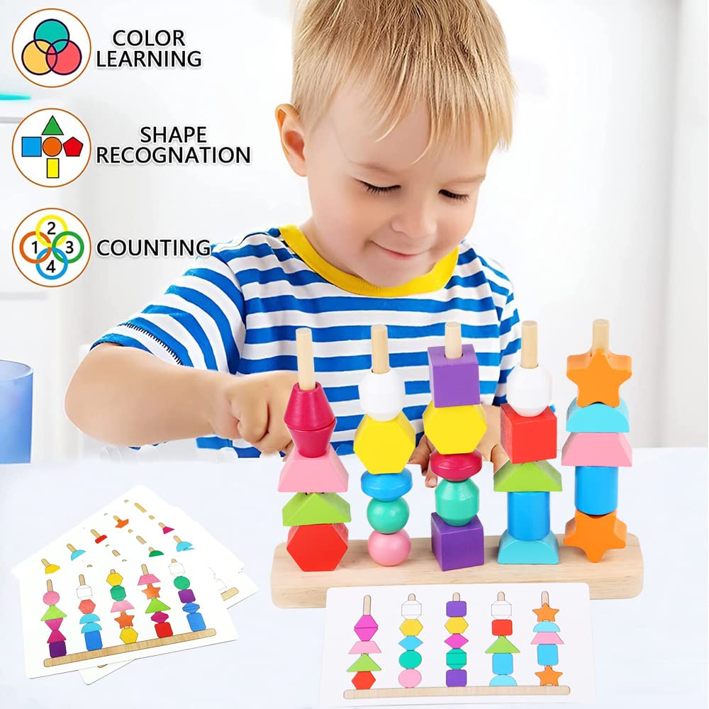 Juguetes Montessori De Madera 2 En 1 – Apila Y Enhebra Con 25 Bloques Geométricos Y 8 Tarjetas Dobles, Ideal Para Niños De 3 A 5 Años, Regalo Educativo
