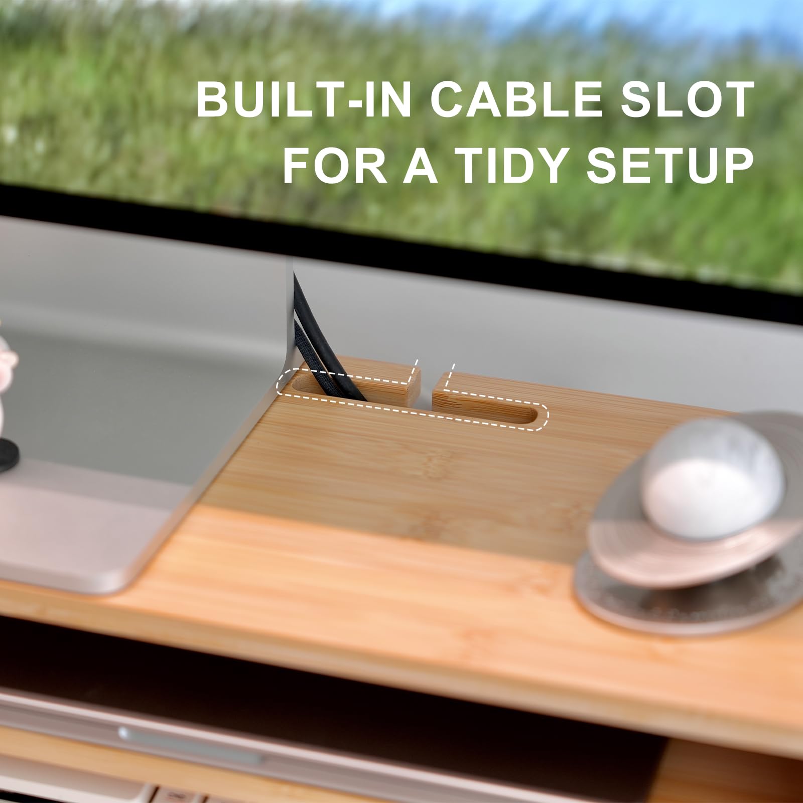 Supporto per monitor in bambù con cassetto, alzata ergonomica per computer per scrivania con gestione dei cavi e organizer per archiviazione, supporto per monitor in legno per casa e ufficio