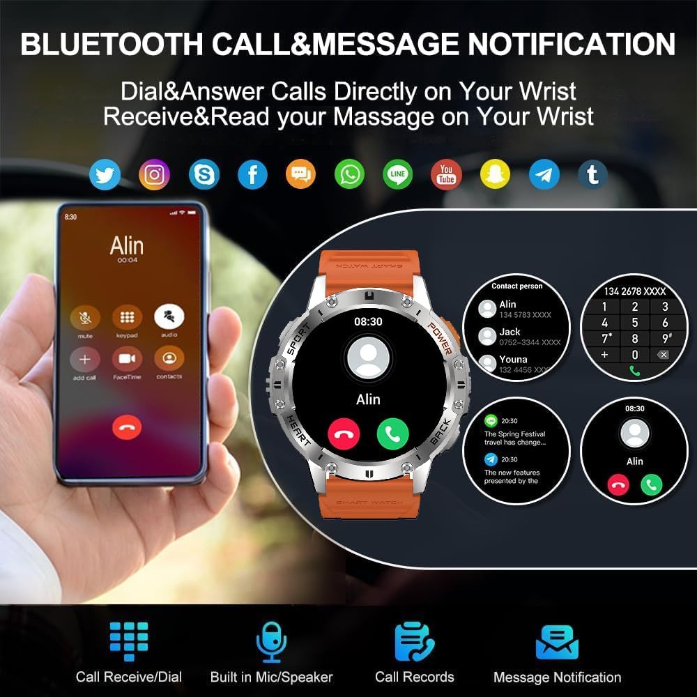 Reloj Inteligente Hombre con Linterna, 630mAh, 1.43″ AMOLED Smartwatch Hombre con Llamadas/Pulsómetro/Monitor de Sueño, IP68 Impermeable, 120+ Modos Deportivos, Militar Smartwatch para Android iOS 3