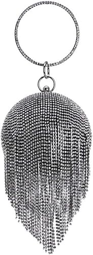 UMREN Bolso de mano redondo para mujer, diseño de bola de cristal, borla para fiesta de boda