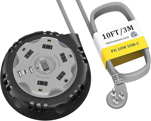 PD - Tira de alimentación retráctil USB C de 20 W, carrete de cable de extensión de 10 pies, 5 salidas de CA y 2 puertos de carga USB A, regleta de