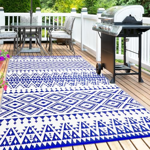 DiiKoo Outdoor Rug Mat for Patio, 6x9ft Waterproof Reversible Plastic Straw Rugs, Camping Carpet Area Mats for RV, Porch, Deck, Backyard, Balcony, Camper, Trailer, Blue & White