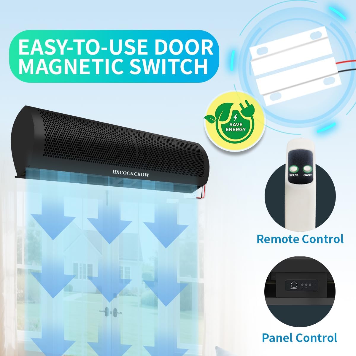 36’’ Air Curtain for Doors Commercial,【New Upgrade】 Matte Black Air Door Fan with Door Magnetic Switch for Home Restaurant Shop Garage, 2-Speed Indoor Curtain Fan, High Power & Slim