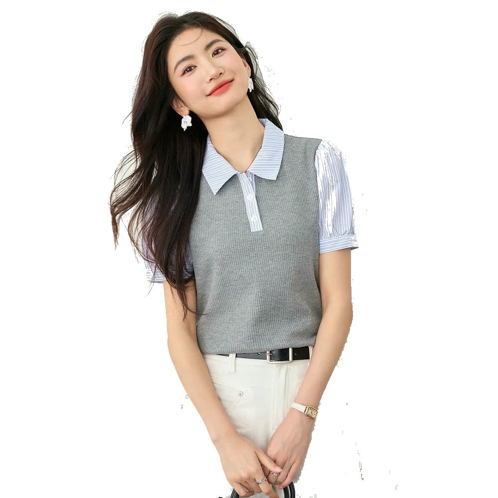 GLDFW T-shirt d'été à manches courtes et col rayé pour femme Style preppy décontracté polyvalent