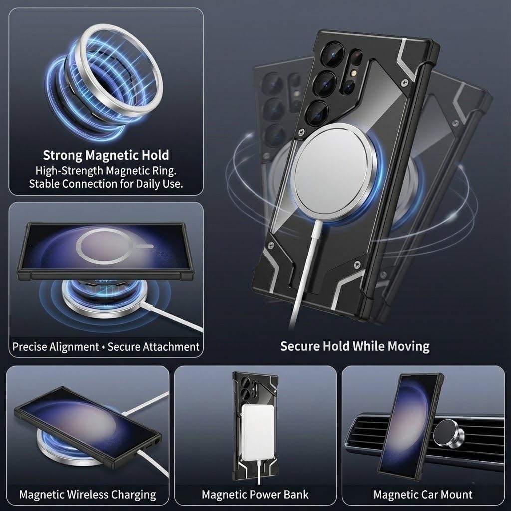 Frameless Aluminum Case for Samsung Galaxy S25 Ultra / S24 Ultra / S23 Ultra / S22 Ultra, Compatible with MagSafe, 360° Magnetic Kickstand, Slim Metal Frame with Clear Back(Titanium,S25 Ultra)