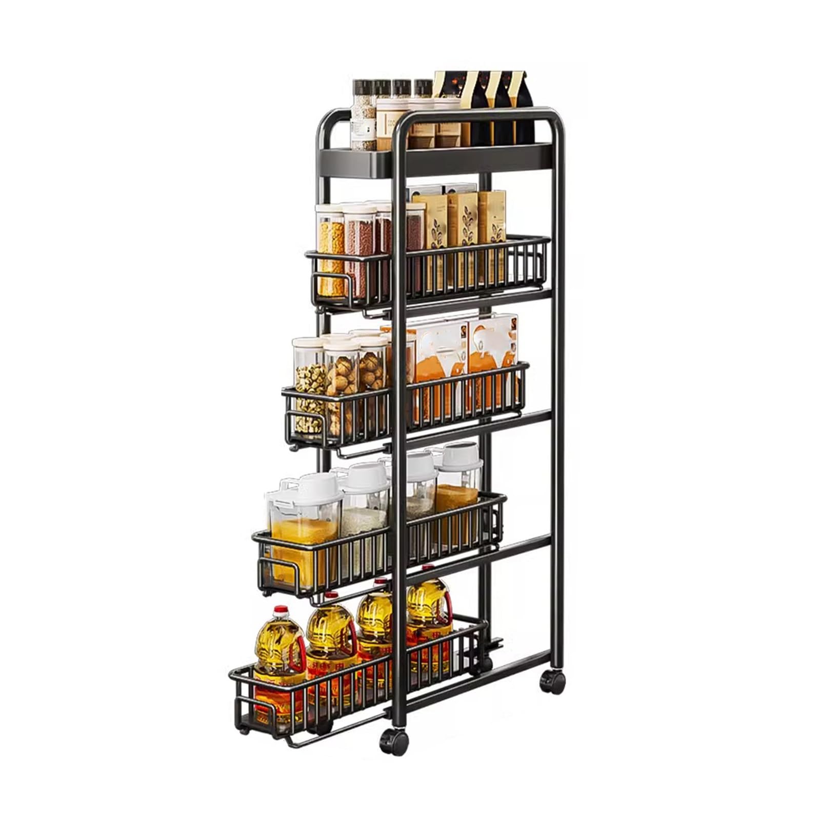 Carrito estrecho con ruedas delgadas, estantería de 5 niveles con cesta extraíble, estante para baño y espacios pequeños (negro, 15 cm de ancho)