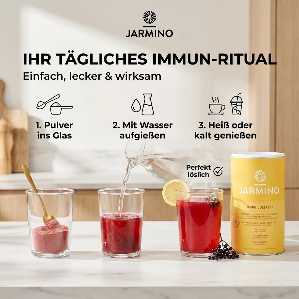 JARMINO Immun Collagen | Kollagen Hydrolysat mit L-Glutamin - Immunsystem stärken | Vitamin C, D, Selen, Zink, Ingwer, Holunder, Vitalpilze | 450g Immun Boost Glutamin Pulver