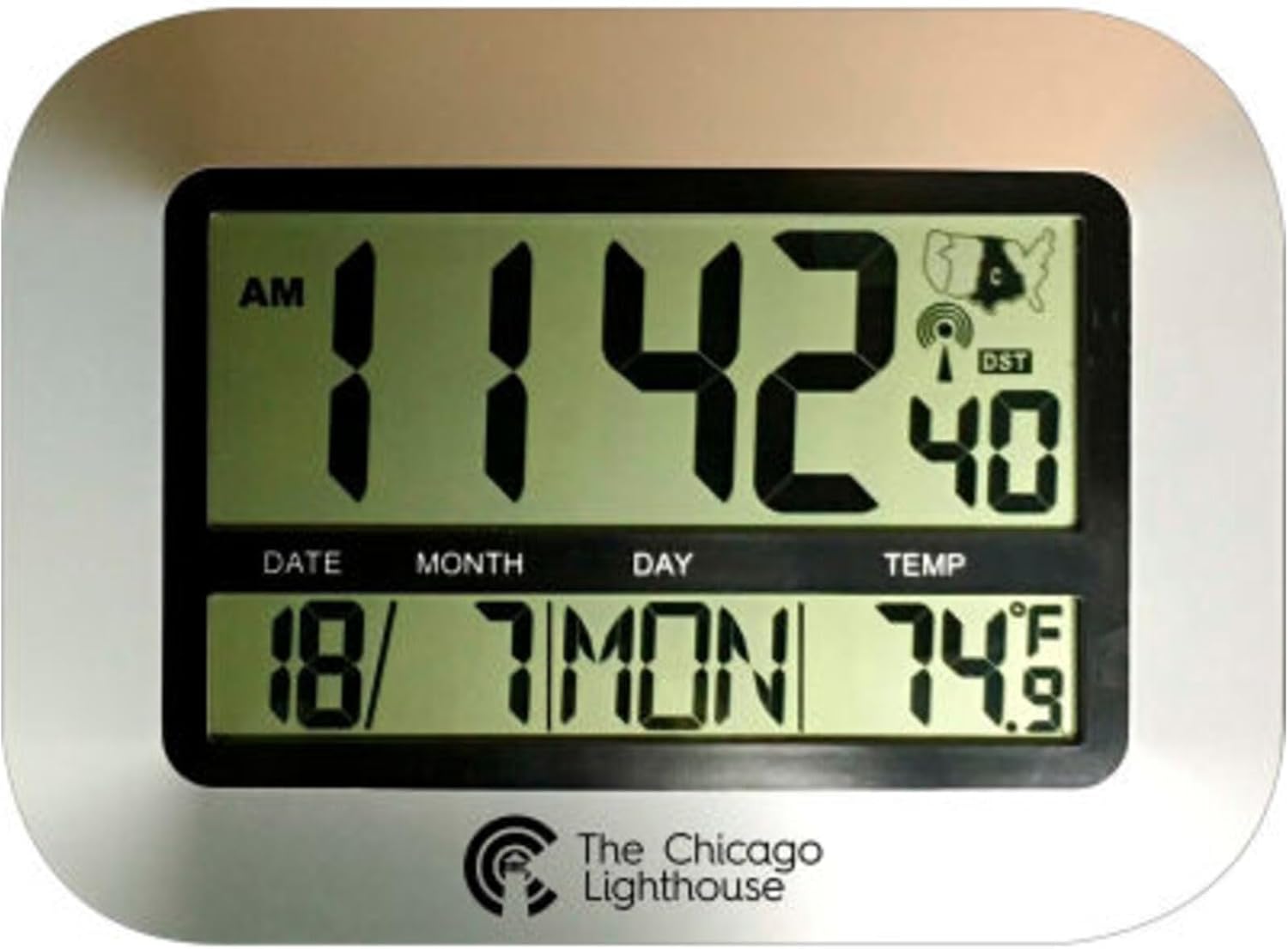 Chicago Lighthouse 9.75" Digital Atomic Clock with Calendar and Indoor Temperature Display - Silver